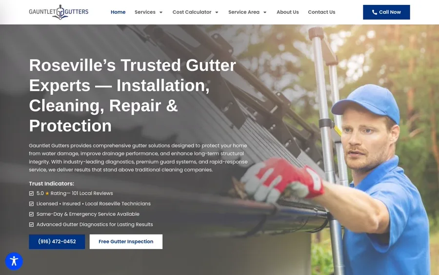 Gauntlet Gutters website homepage, Roseville gutter installation, cleaning, and repair company
