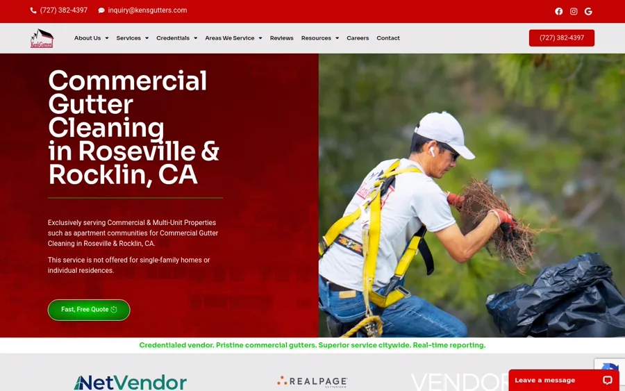 Ken's Gutters website page for commercial gutter cleaning in Roseville and Rocklin CA