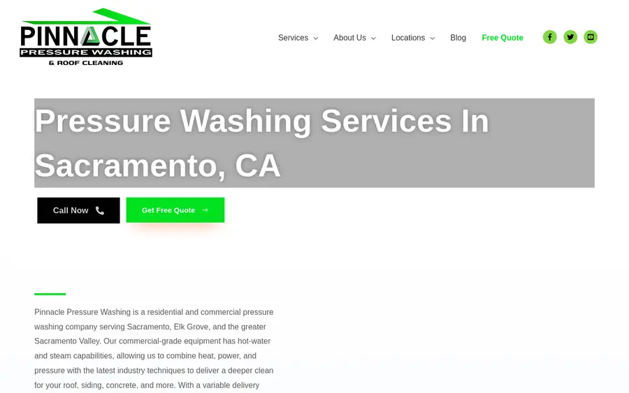 Pinnacle Pressure Washing website homepage, Sacramento pressure washing company serving Rocklin