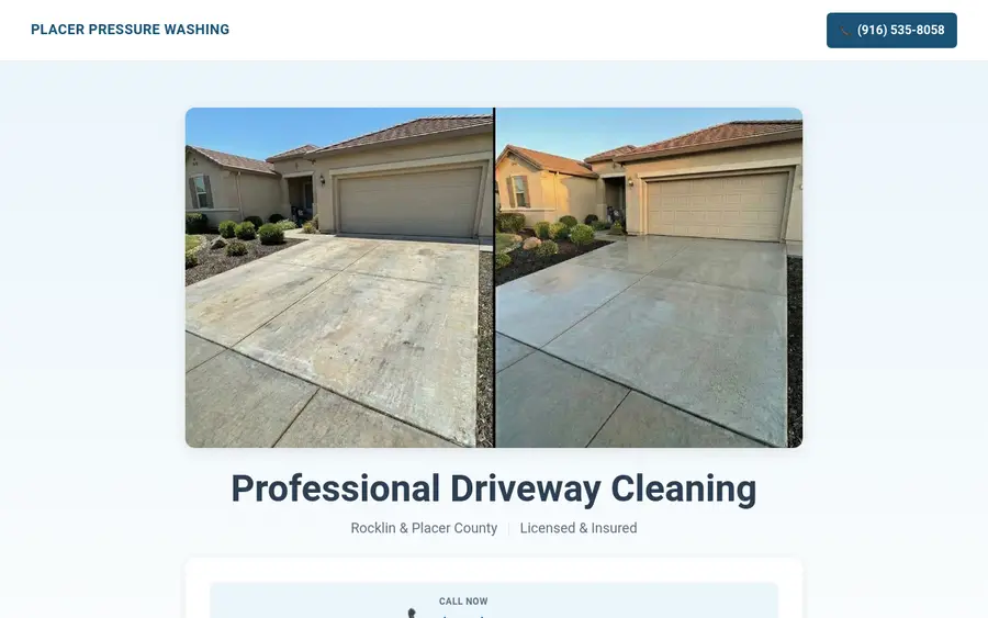 Placer Pressure Washing website homepage, Rocklin driveway and patio cleaning company