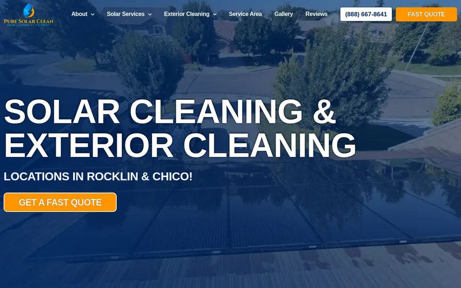 Pure Solar Clean website homepage, solar panel cleaning company with Rocklin and Chico locations