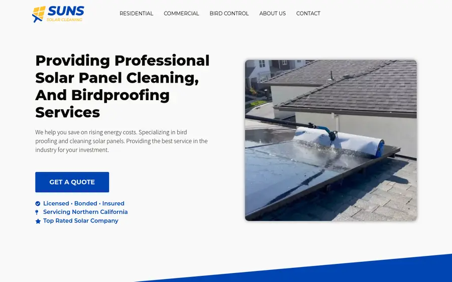 Suns Solar Cleaning website homepage, Rocklin solar panel cleaning and bird proofing specialist